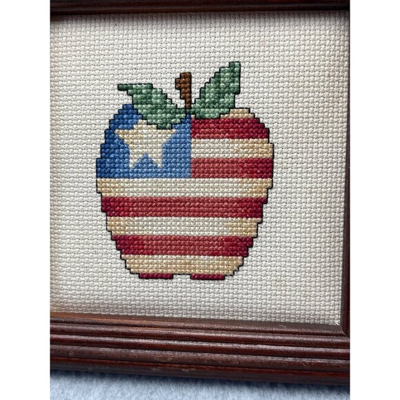 Patriotic Apple Cross Stitch Wall Decor Framed Wood 6"x6" Handmade Rustic Americ - Picture 12 of 14